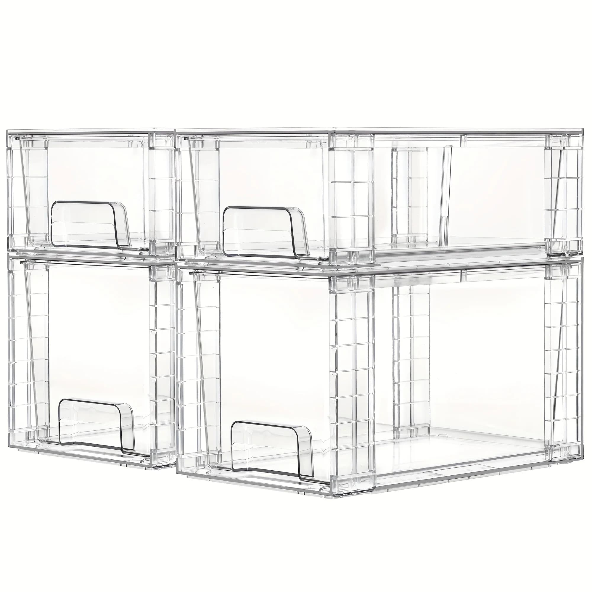 Set di 4 Armadietti Espositivi, Cassetti Impilabili Trasparenti, Organizzatori e Contenitori per Bagno Facili da Montare con Maniglie, in Plastica