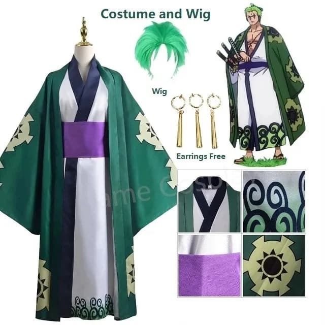 Green Roronoa Zoro Kimono Cosplay Anime Uniform Costume for Halloween Dress for Adults Fodera Wig Capispalla Belt Defraz Halloween