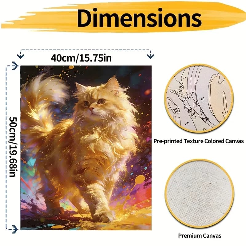 [Professional Art Use] 2D Flat, 1 Set Adult Digital Oil Painting Kit, Golden Cat Art Painting with Acrylic Paints, Canvas, 3pcs