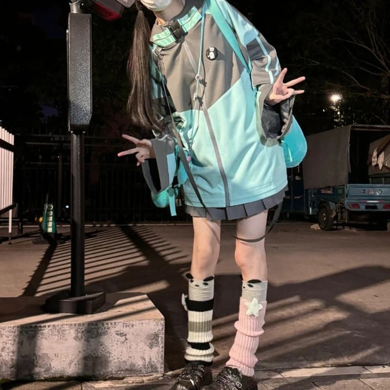 Y2K Punk Japanese Harajuku Subculture Women Contrast Color Hooded Jacket Buckle Cargo Pocket Oversized Loose Fit Casual clothes