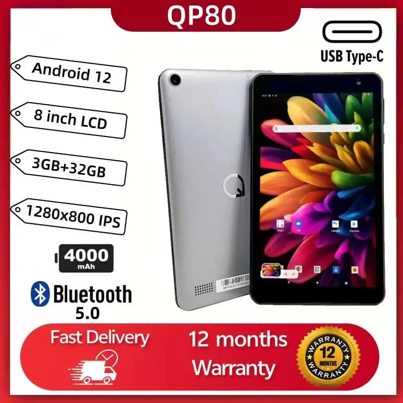 Tablet Android 12 QP80 Type-C da 8 pollici, 3GB RAM, 32GB ROM, 1280 x 800 pixel, Doppia Fotocamera, Bluetooth 5.0, Batteria 4000mAh, Supporto GPS