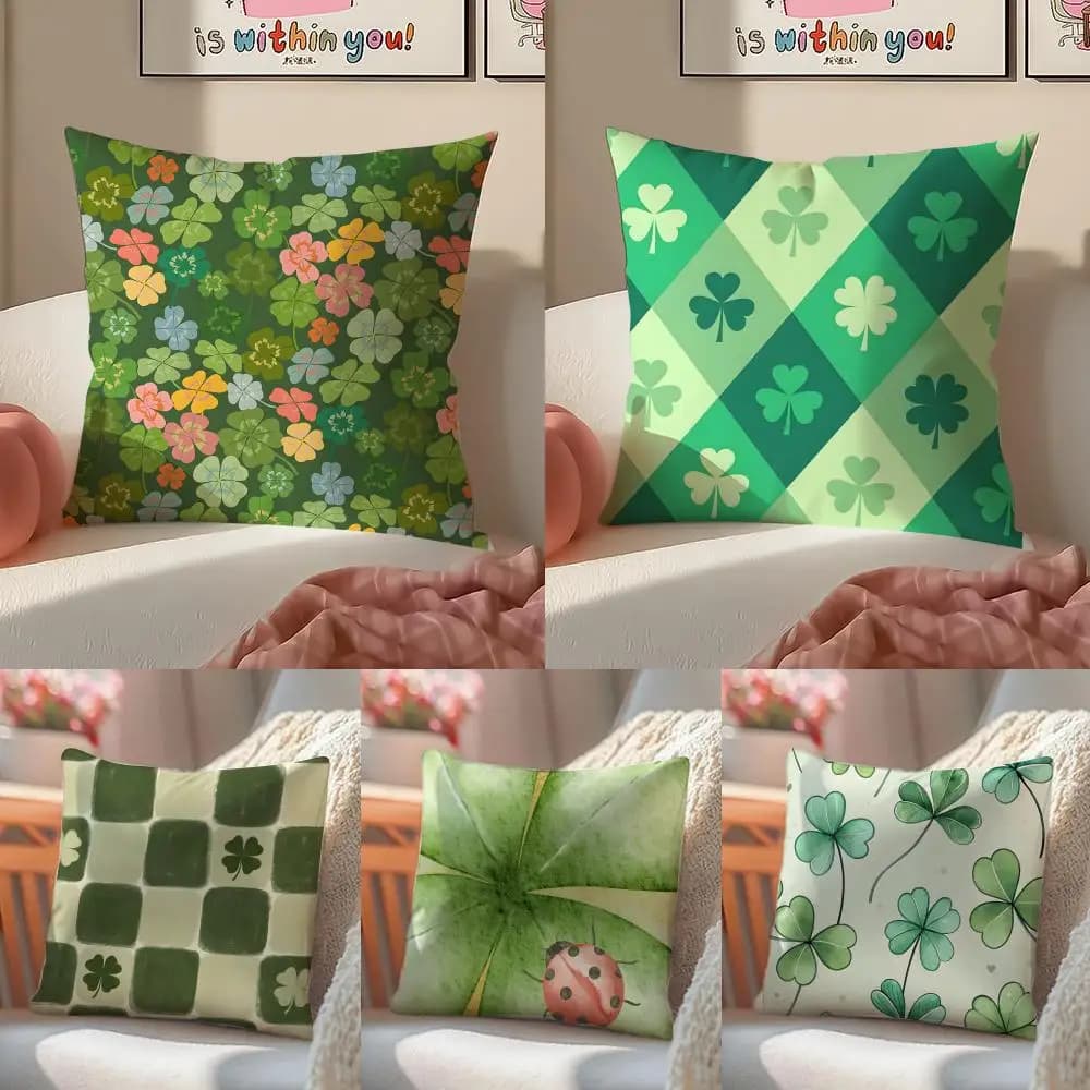Lucky Four Leaf Clover Fresh Green Cushion Cover Pillowcase Short Plush Invisible zipper Room Sofa Cushion Cover