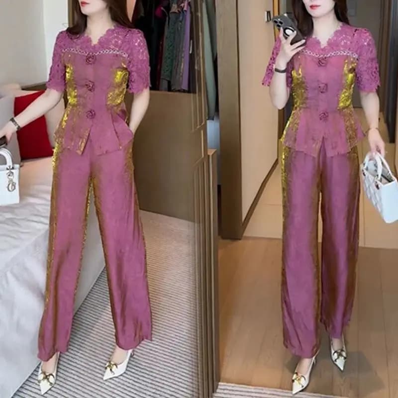 Nuovo set da due pezzi da donna di moda di fascia alta camicia slim a maniche corte patchwork in pizzo con scollo a V sottile + pantaloni eleganti a gamba larga