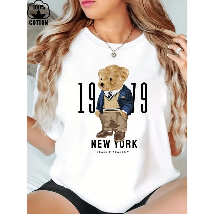 AINO 1 Pezzo T-Shirt 100% Cotone con Stampa Orso di New York, 220g Cotone Pesante, Maglietta Stampata da Donna per Halloween