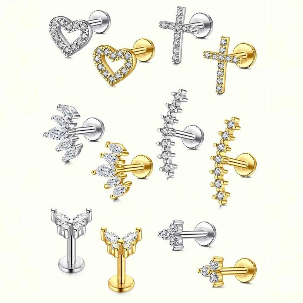 1 paio di orecchini a perno in acciaio inossidabile 16G con cuore, croce, fiore, farfalla e zirconi per piercing alla cartilagine, helix e trago