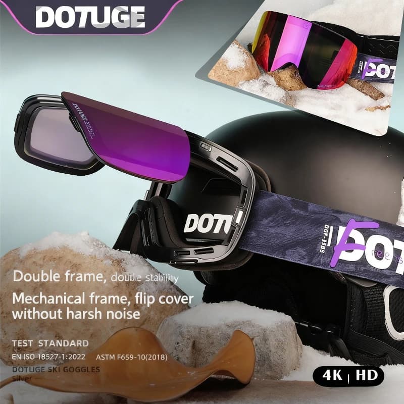 DOTUGE Flip Up Occhiali da neve magnetici Doppi occhiali da sci antiappannamento antivento a prova di sabbia per attrezzature sportive all'aperto ​