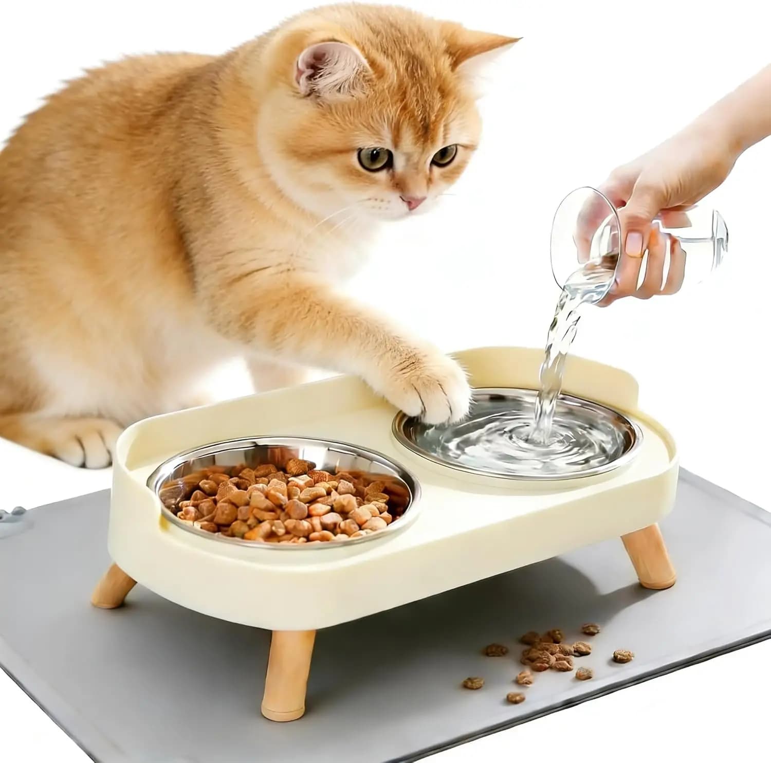 Ciotole Rialzate per Gatti con Protezione Antischizzo, Set Anti-Vomito per Cibo e Acqua, in Acciaio Inox per Gatti e Cani di Piccola Taglia, Bianco