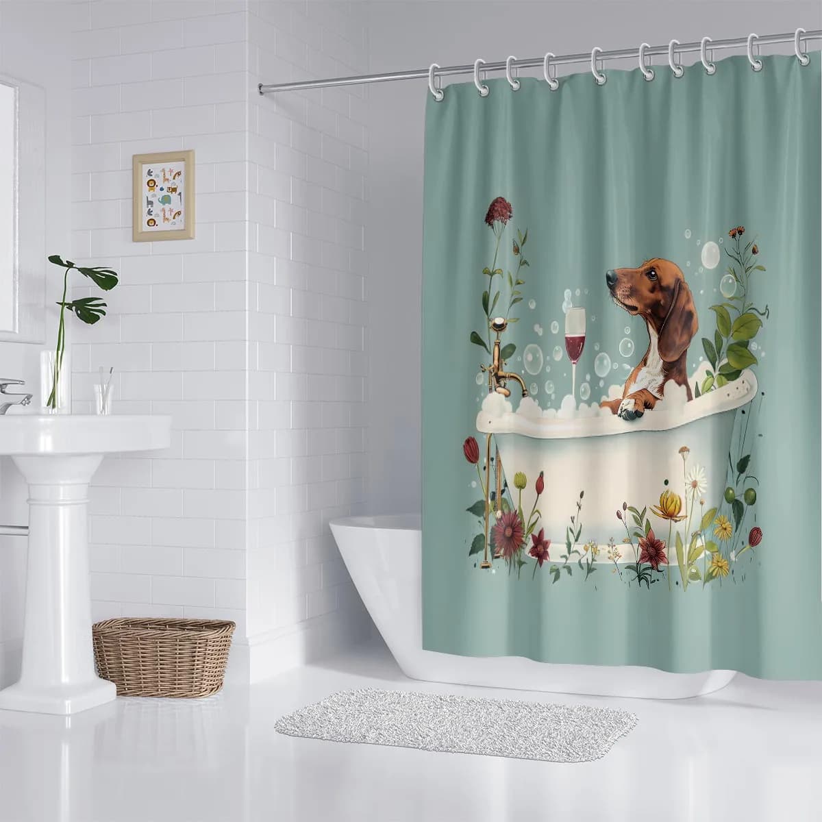 1 vasca da bagno con tenda da doccia impermeabile con stampa di cuccioli, tenda divisoria per doccia con 12 ganci, lavabile in lavatrice multistrato