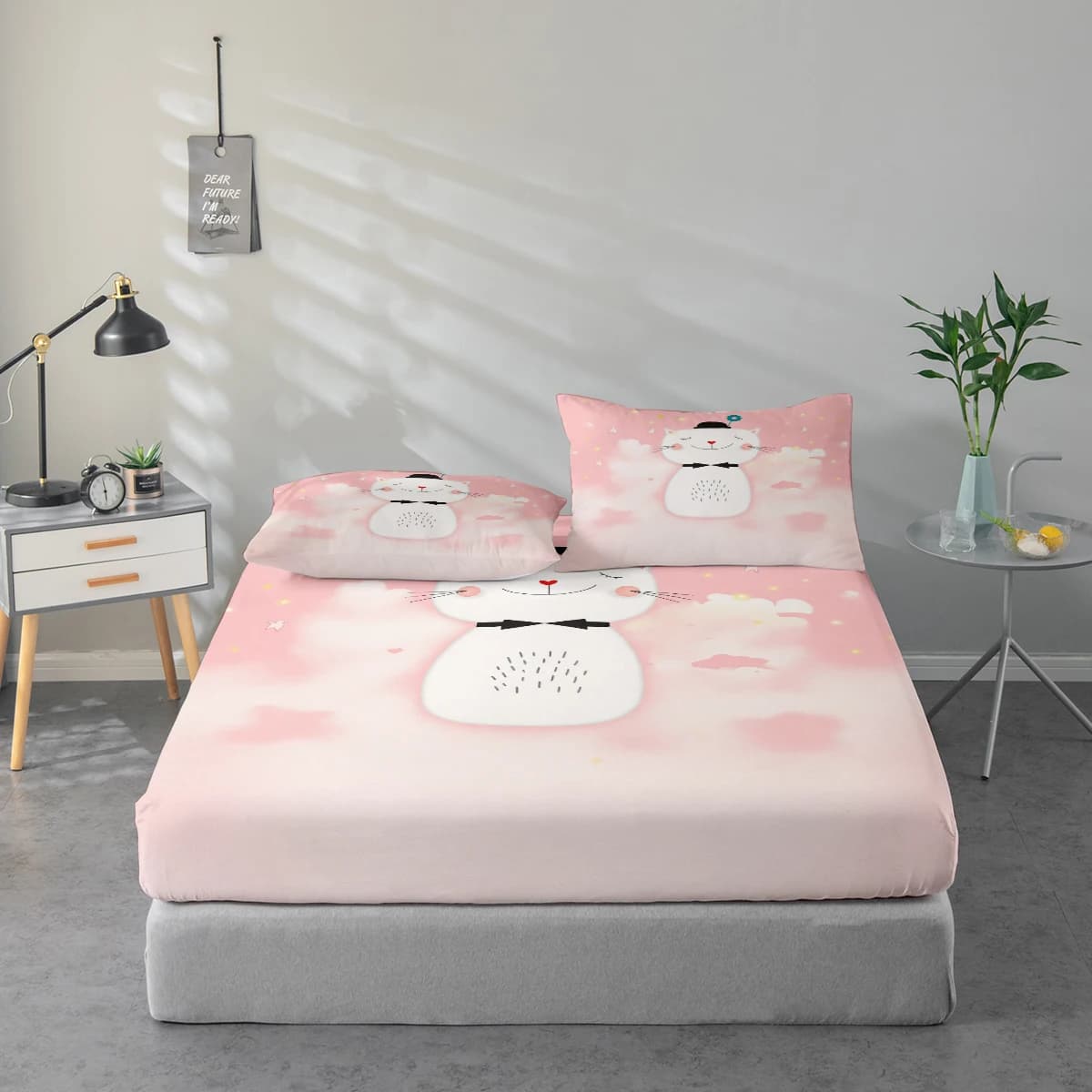 Set of sheets with cat print, mattress protection and pillowcase, set of high-definition printed sheets includes 1 sheet with corners + 1 or 2 pillowcase (1 pillowcase for 60*100cm and 2 pillowcase for 72*132cm, the other sizes are 2 pillowcases), suitable for bedroom and guest room, ultra soft polyester fiber bed linen, washing machine, available in all seasons