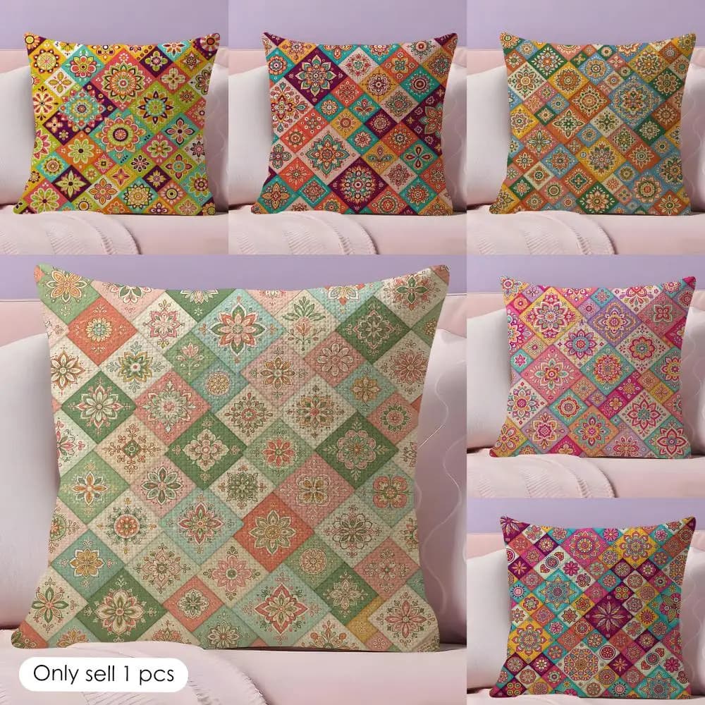 Bohemian Floral Rhombus Mosaic Cushion Cover Natural Linen Organic Fabric Double-Sided Printing Sofa Home Decor Gift Pillow Case