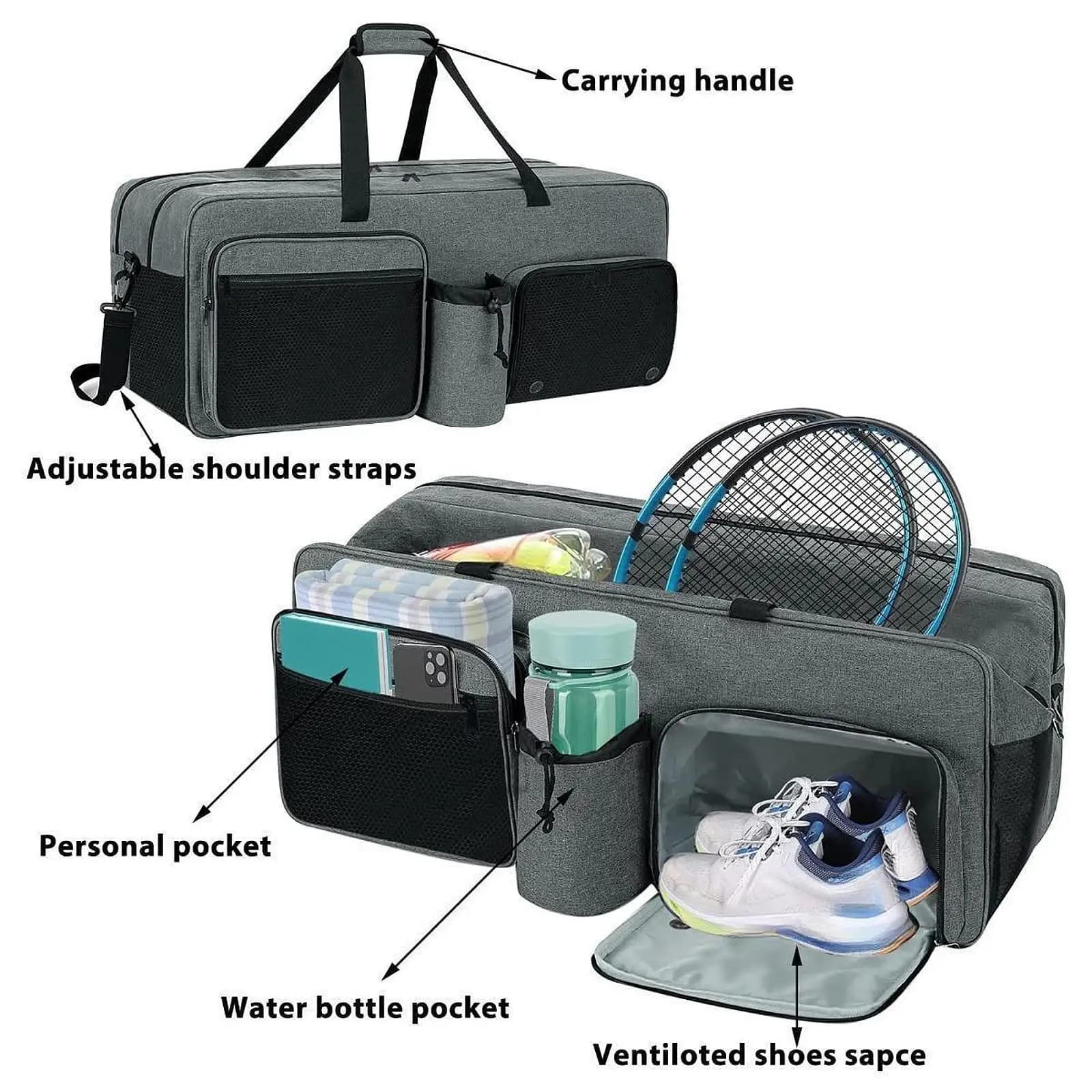 Travel Duffle Bag Tennis Bag Portable Beginners Sports for Shoes Players Racket