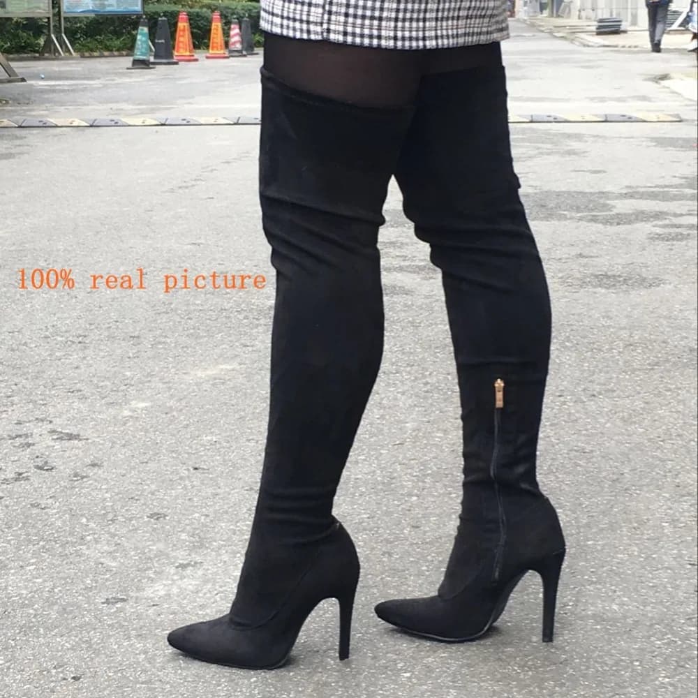 Scarpe da donna nuove di zecca Plus Large Big Size 48 Stivali sopra il ginocchio 11 cm Stiletto Tacco alto sottile Stivali da festa sexy Botins 2025