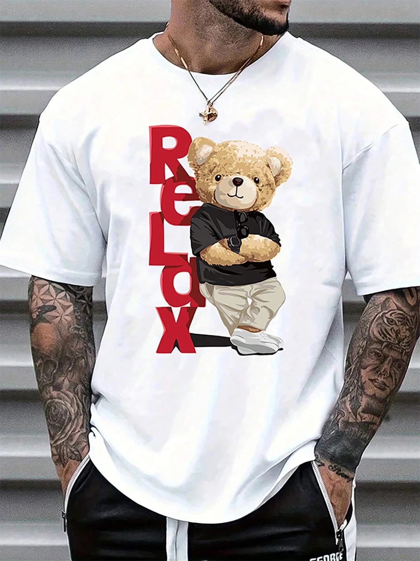 T-shirt da uomo estiva 100% cotone alla moda casual allentata di grandi dimensioni lettera orso stampato sportivo girocollo manica corta