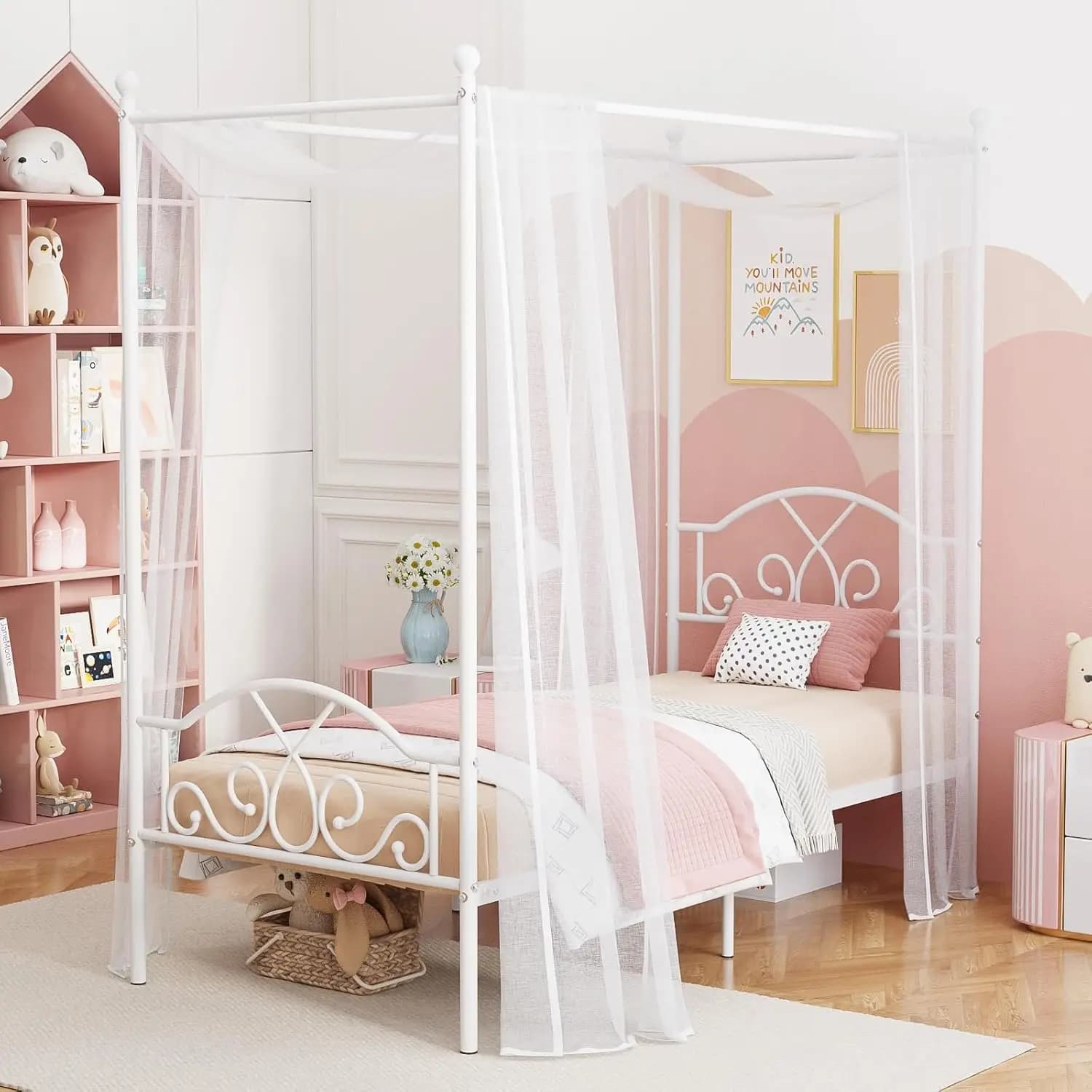 Metal double bed frame with headboard and footboard, four-mounted design with curtains, bed platform for mattress