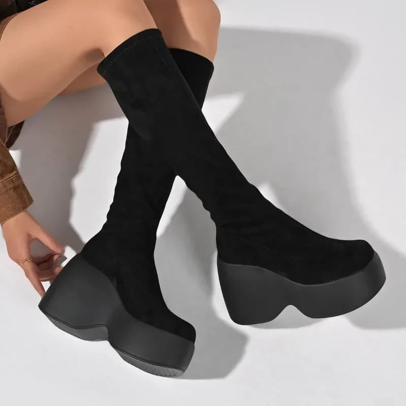 Winter New Skinny Plus Size Stretchy Socks Boots Super High Heel Platform Cow Suede Fashion Tall Boots