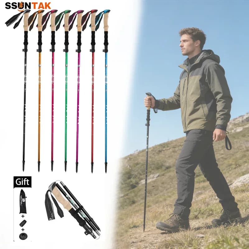 SSUNTAK Foldable Telescopic Trekking Pole Ultralight Aluminium Alloy Walking Stick for Outdoor Hike Camp Mountaineer Skiing Walk