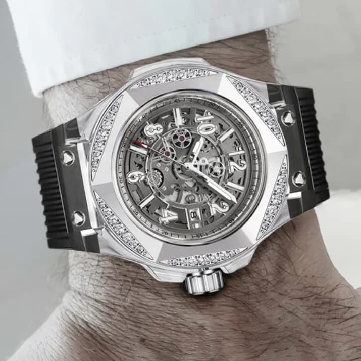HANBORO Men Automatic Watch 42mm Mechanical Wristwatch Acrylic Case Luminous Sapphire Mirror Skeleton Dial Hexagonal Bezel