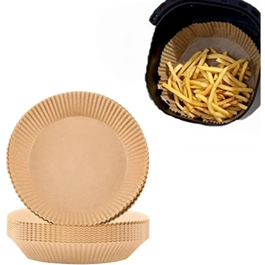 Fogli di Carta da Forno Monouso per Friggitrice ad Aria, 100 Pezzi, Antiaderenti, Rotondi, Resistenti al Grasso, per Cestello Friggitrice ad Aria