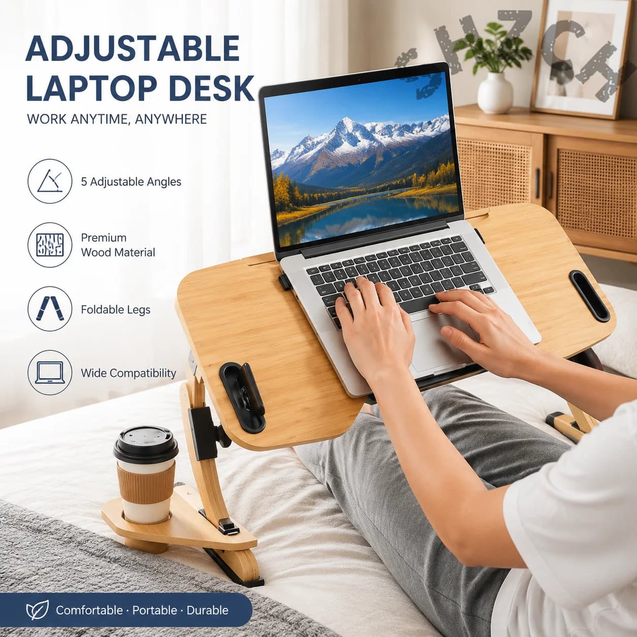 Adjustable Wooden Laptop Bed Desk – 5-Position Foldable Stand for Reclining, Lying Down, or Sitting Use