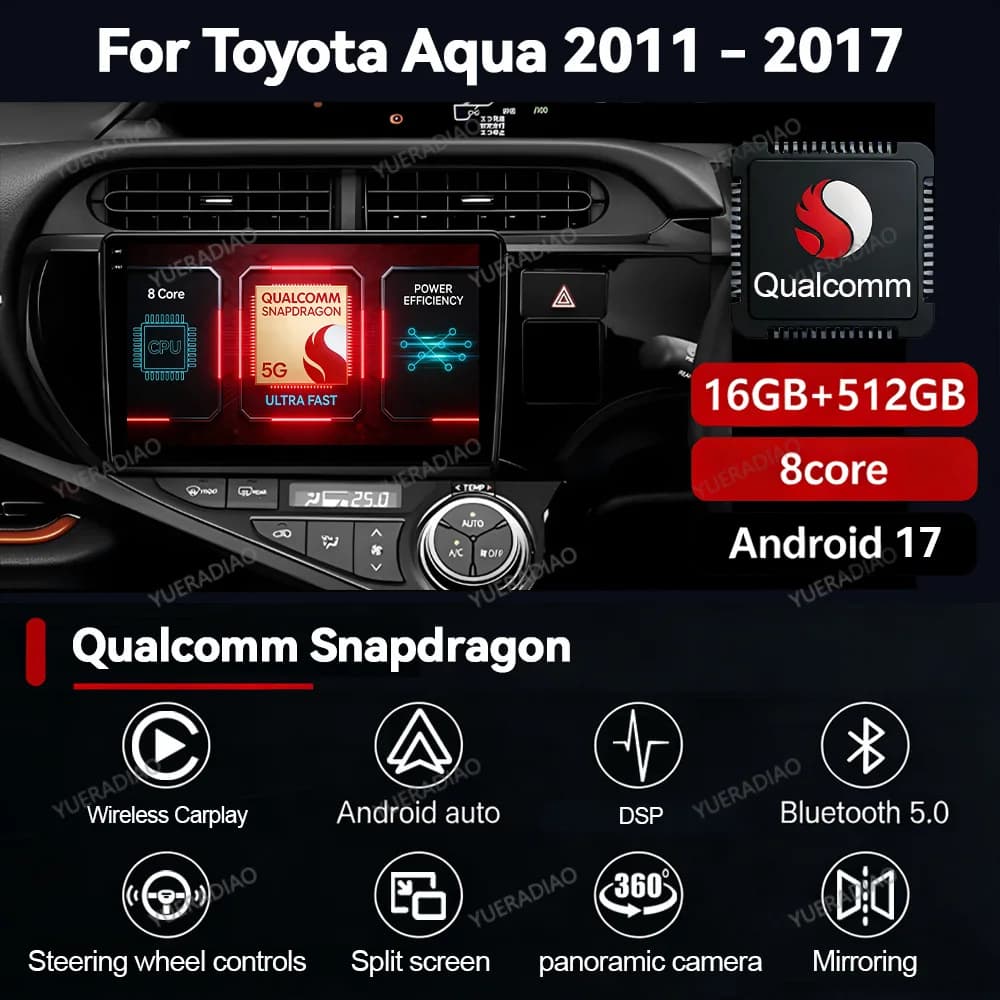 Android 17 Car Radio For Toyota Aqua LHD RHD 2011 - 2017 Head Unit 2DIN Qualcomm 4G LTE 5G WIFI QLED Multimedia Video Player BT