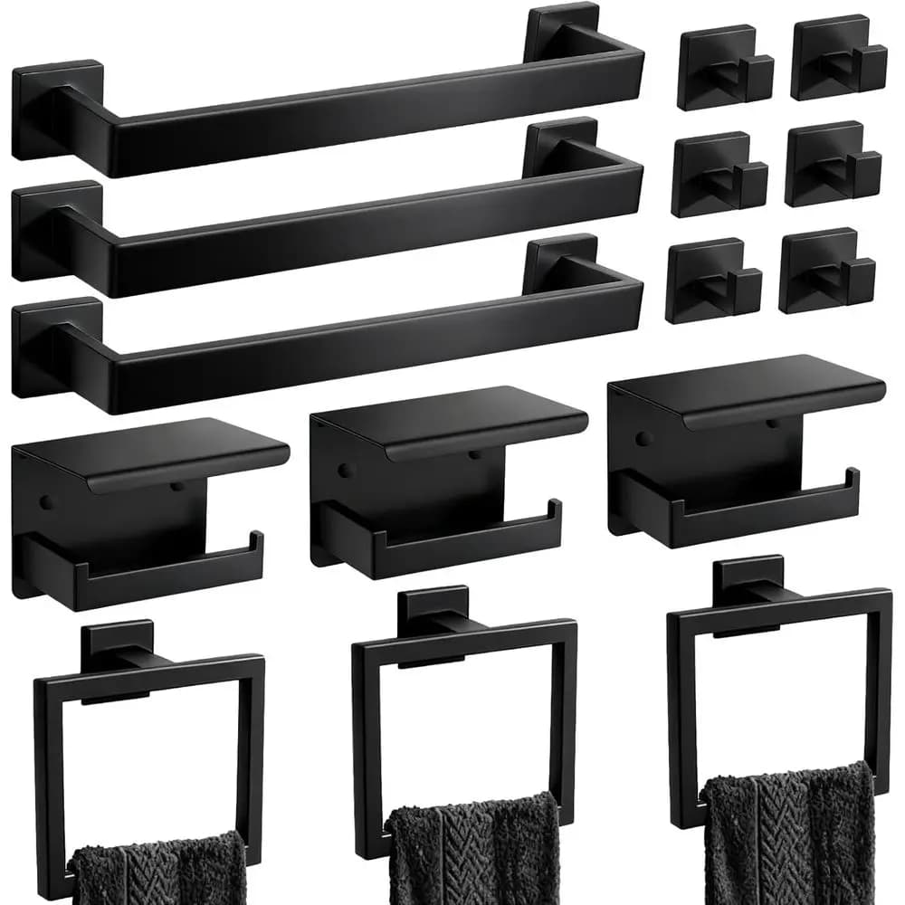 Set di Accessori per Bagno in Nero Opaco, Portasciugamani in Acciaio Inox, Barra Portasciugamani da 16 Pollici, Supporti per Asciugamani, Porta Rotolo WC