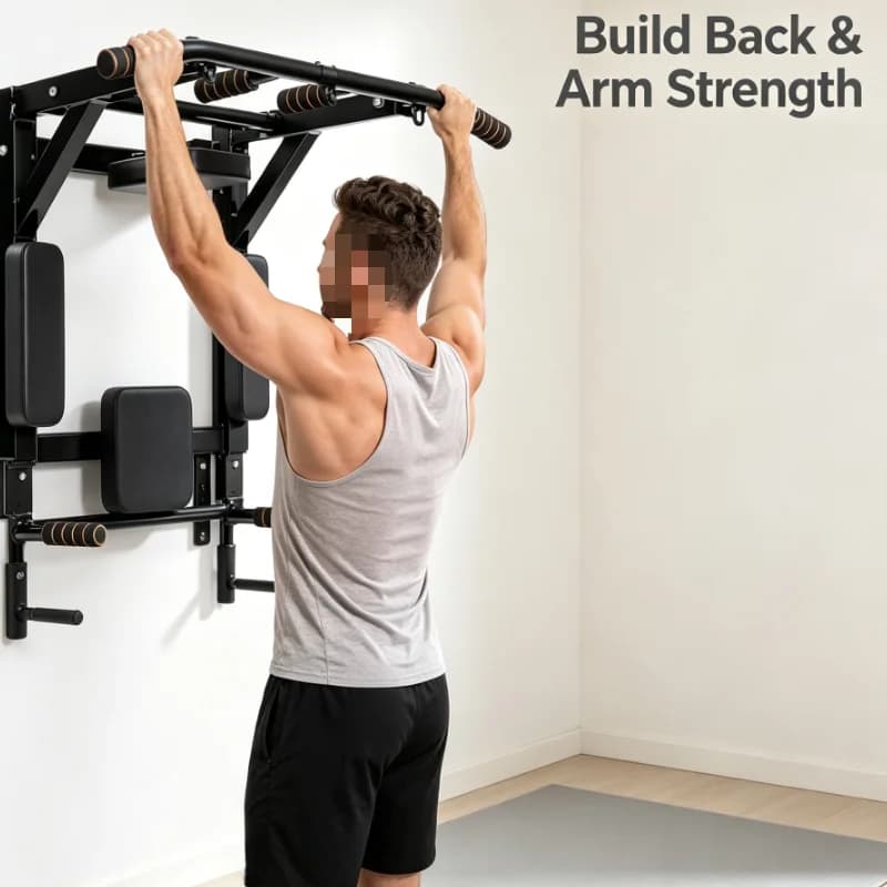 Foldable Wall Pull Up Bar, Multi-Grip Home Gym Station for Upper Body Strength, Space Saving Design with Resistance Band Hooks