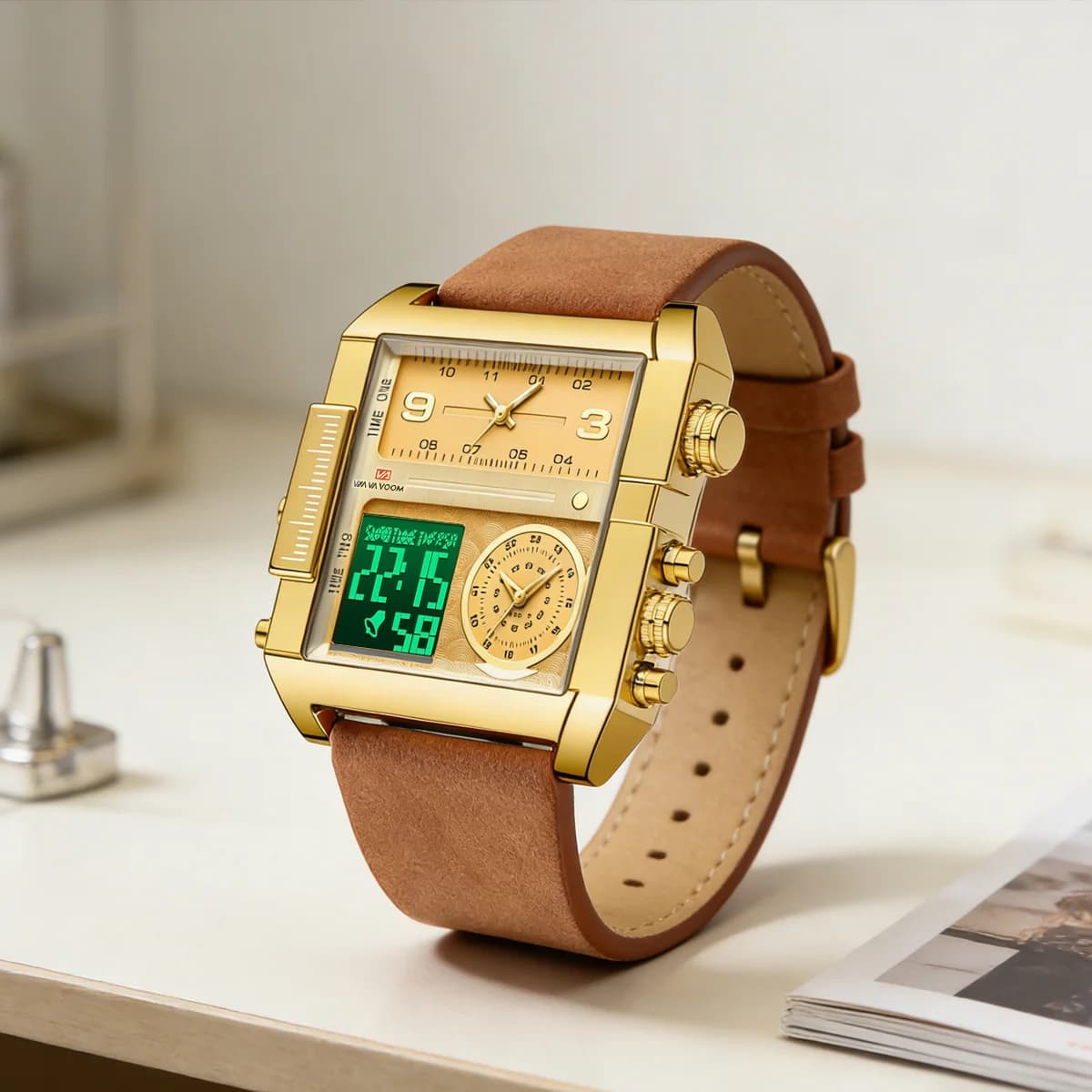 Orologi Elettronici da Uomo Quadrante Quadrato 48mm Cassa Dorata LED Doppio Display Movimento al Quarzo Cinturino in Pelle Impermeabile 3Bar Orologio Sportivo per Uomo