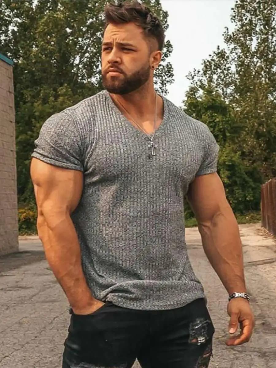 Men's Fitness Running Short Sleeve T-Shirt Summer Knitted Sportswear Slimming Striped Fashion Top Breathable Casual Tee