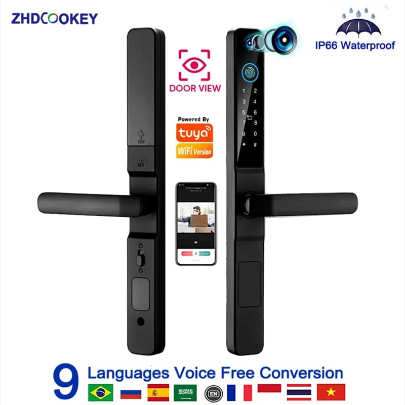 Serratura per porta scorrevole digitale in alluminio WiFi Tuya impermeabile con visualizzatore per porta della fotocamera Campanello per impronte digitali Password Lettore di schede RFID
