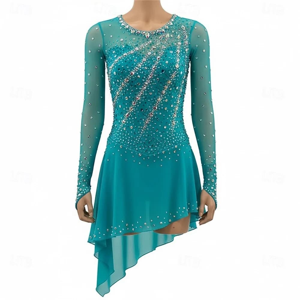 Abito per Pattinaggio Artistico da Donna, Verde con Inserti, Elasticizzato, per Allenamento e Competizione, Classico a Maniche Lunghe