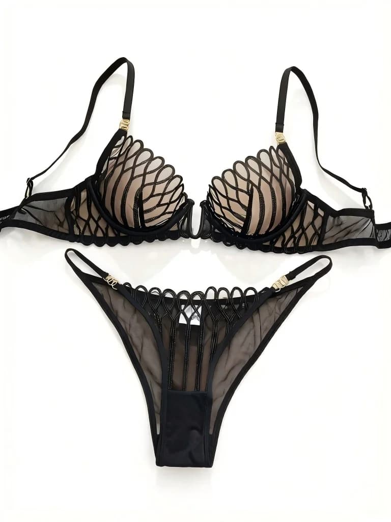 Set di biancheria intima trasparente ricamata in stile francese, design con scollo a V, reggiseno e slip anti-cedimento traspiranti.