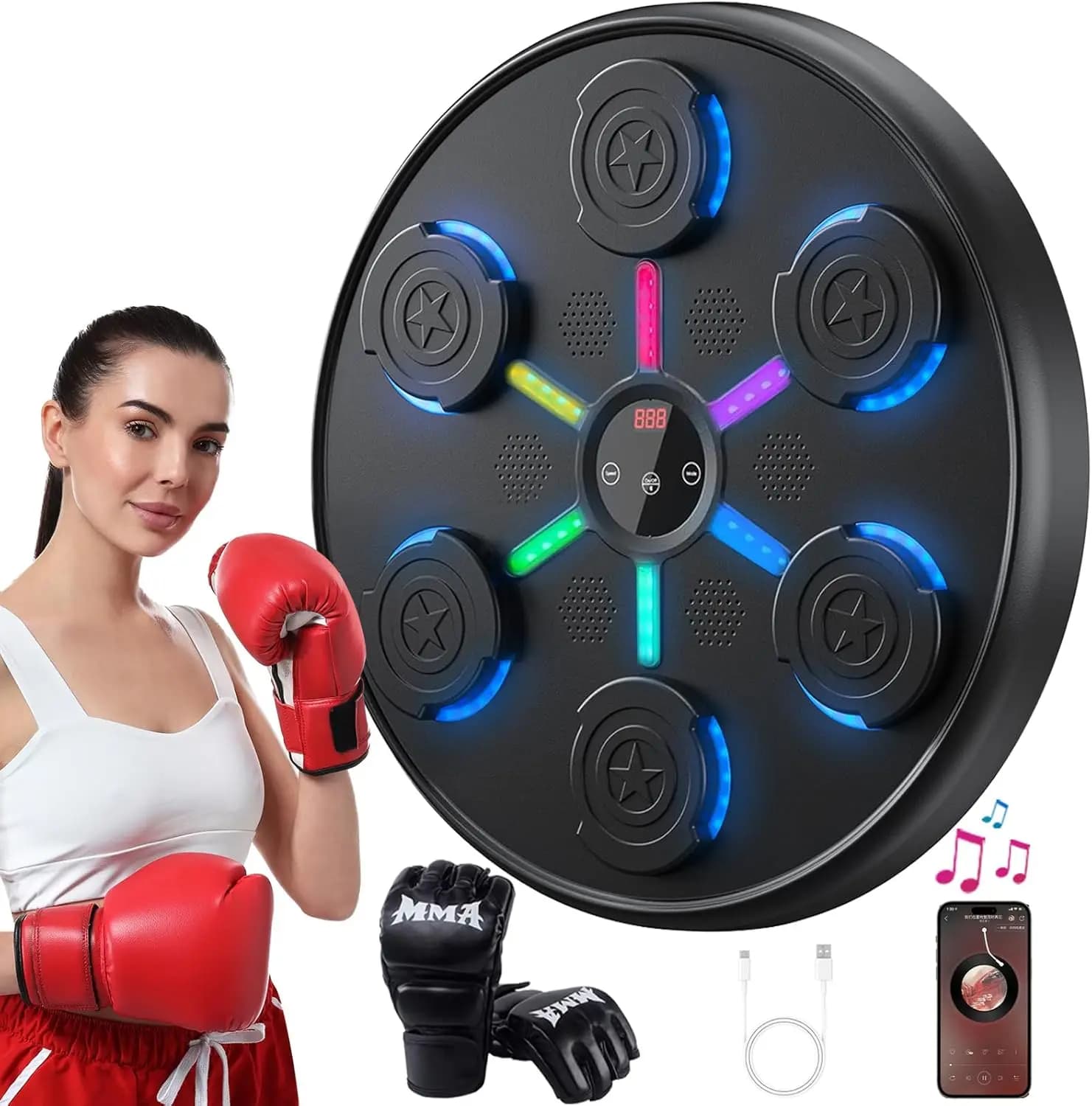 Macchina da Boxe Musicale con Guanti, Trainer Intelligente Bluetooth da Parete per Adulti, Palestra Indoor