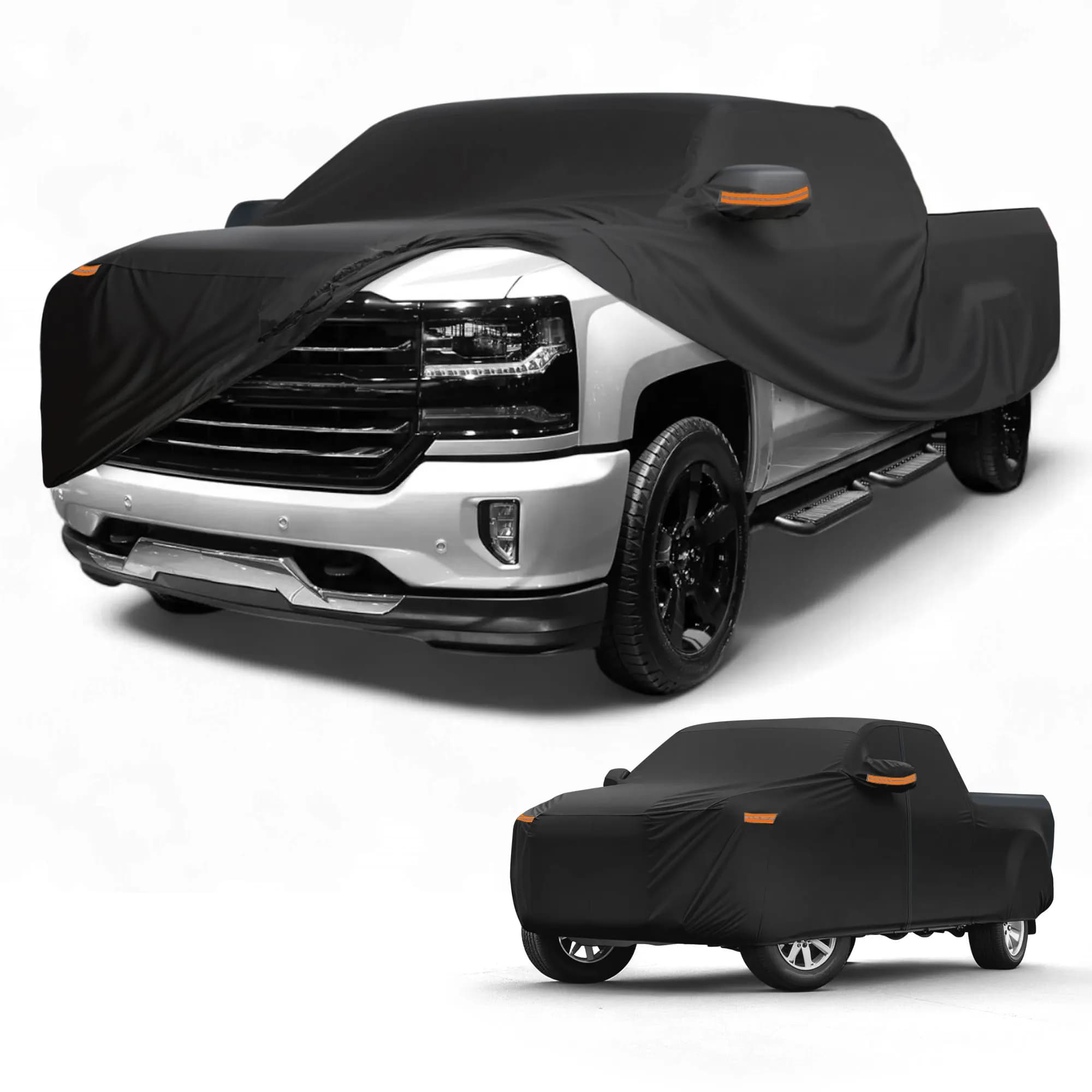 Copriauto impermeabile per tutte le stagioni Protezione solare e pioggia Copertura esterna completa per Chevy Silverado Nero con strisce riflettenti