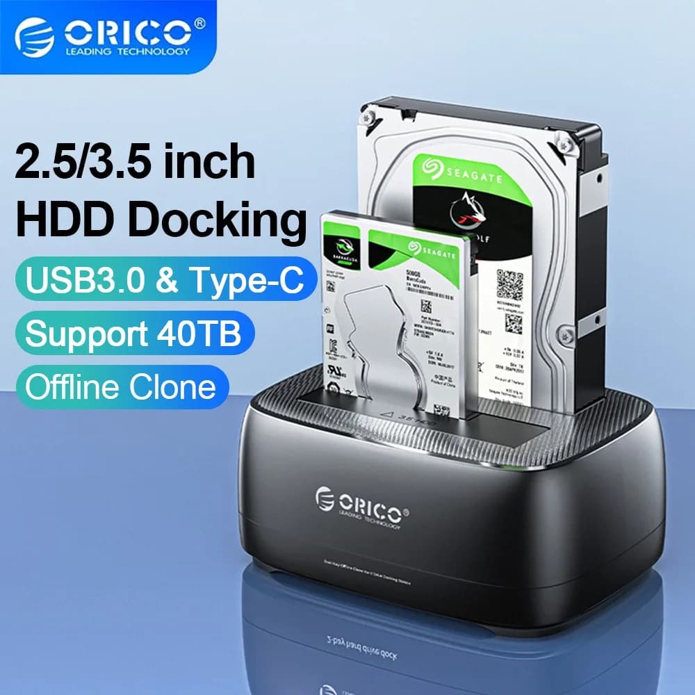 ORICO Docking station per HDD da 2,5/3,5 pollici USB3.0 e custodia per HDD di tipo C Harddrive esterna a doppia baia da 5 Gbps per accessori per PC 40 TB
