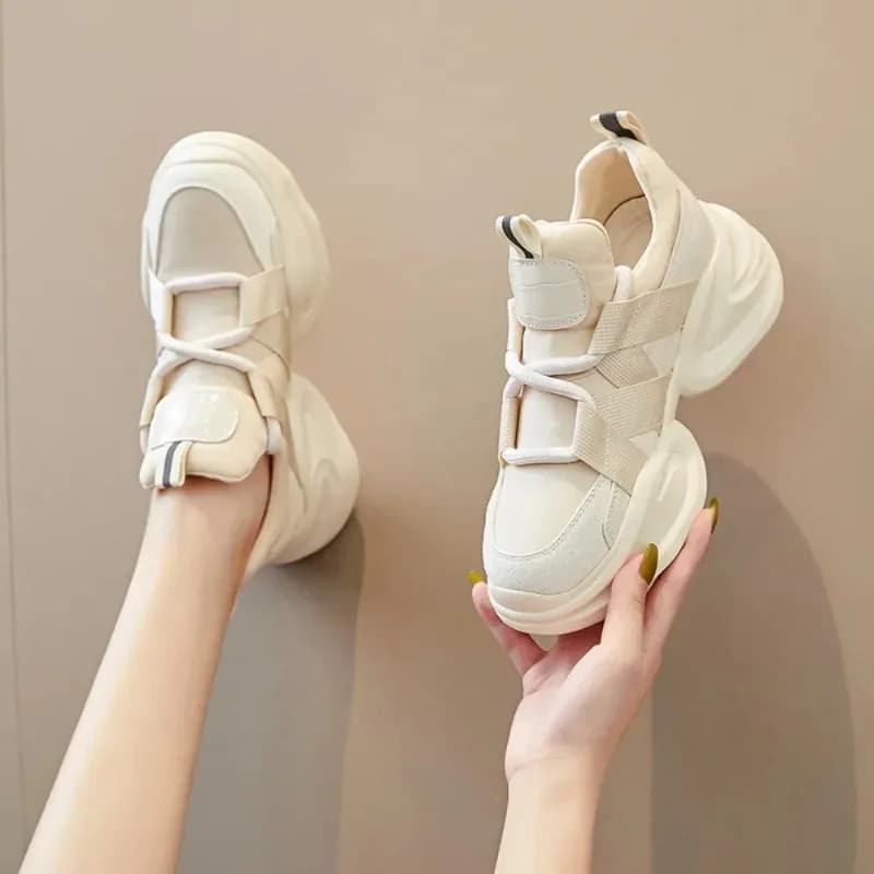 8CM Women's Shoes Luxury Genuine Leather Chunky Sneakers for Woman Exquisite Lace Casual Shoes Designer Shoes Zapatillas Mujer