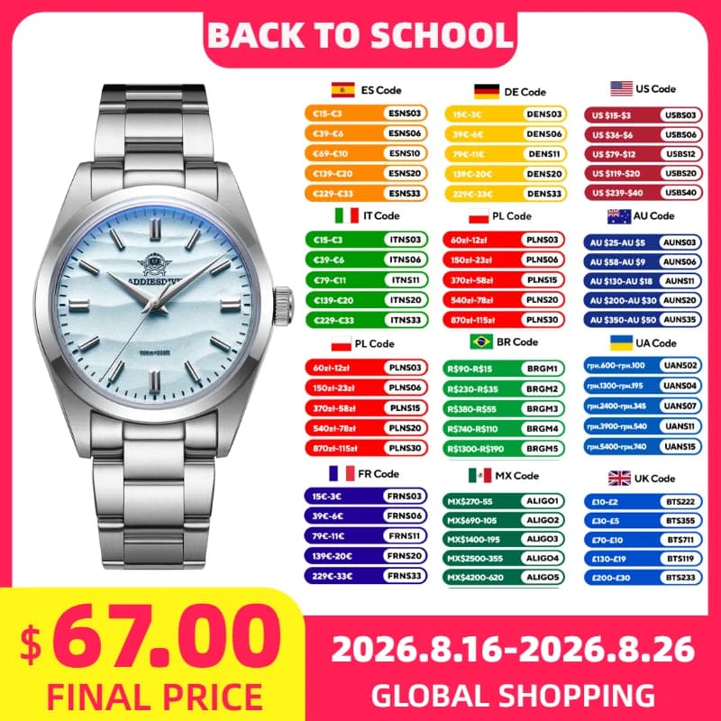 ADDIESDIVE 36mm Watch for Woman Top Brand Japan VH31 Quartz Stainless Steel 100m Waterproof Business Woman Wristwatch Diver