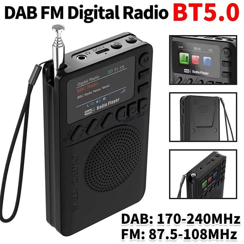 Mini Radio DAB/FM Tascabile con Display LCD Colorato, Ricevitore Radio Ricaricabile, Altoparlante Bluetooth, Lettore MP3, Supporto TF, Timer Notturno
