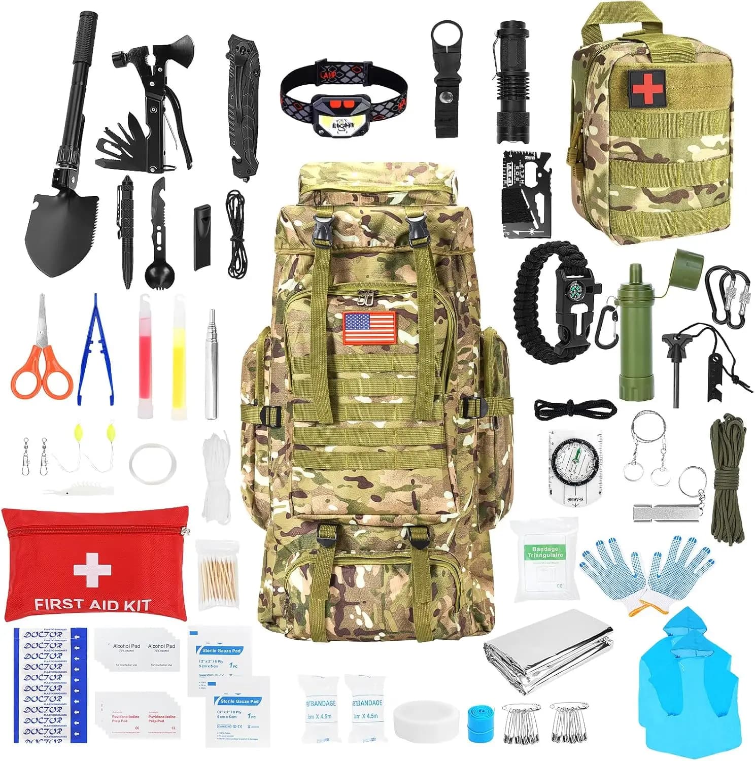 Kit Professionale di Sopravvivenza con Grande Zaino da Campeggio e Kit di Pronto Soccorso per Avventure di Escursionismo all'Aperto