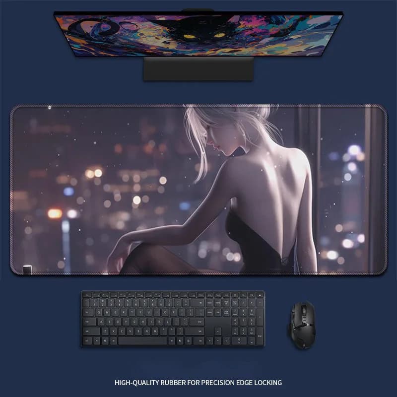 Anime Mouse Pad Gamer XXL Mat Silver Hair Back View Lady Dark Dress Blurry Night City Bokeh Desk Pad Office Gaming Home Desk