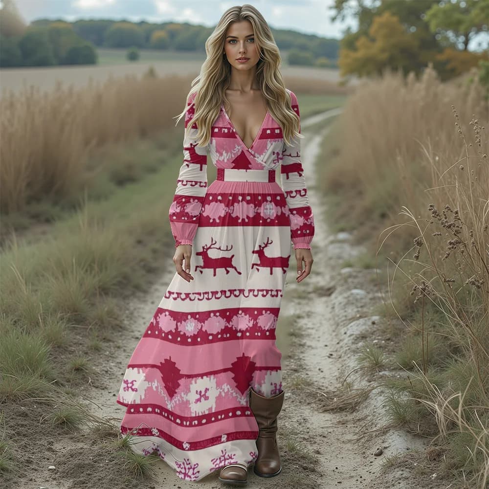 Abito natalizio brutto con stampa di renne e fiocchi di neve rosa da donna. Elegante abito lungo Boho sexy con scollo a V profondo per feste