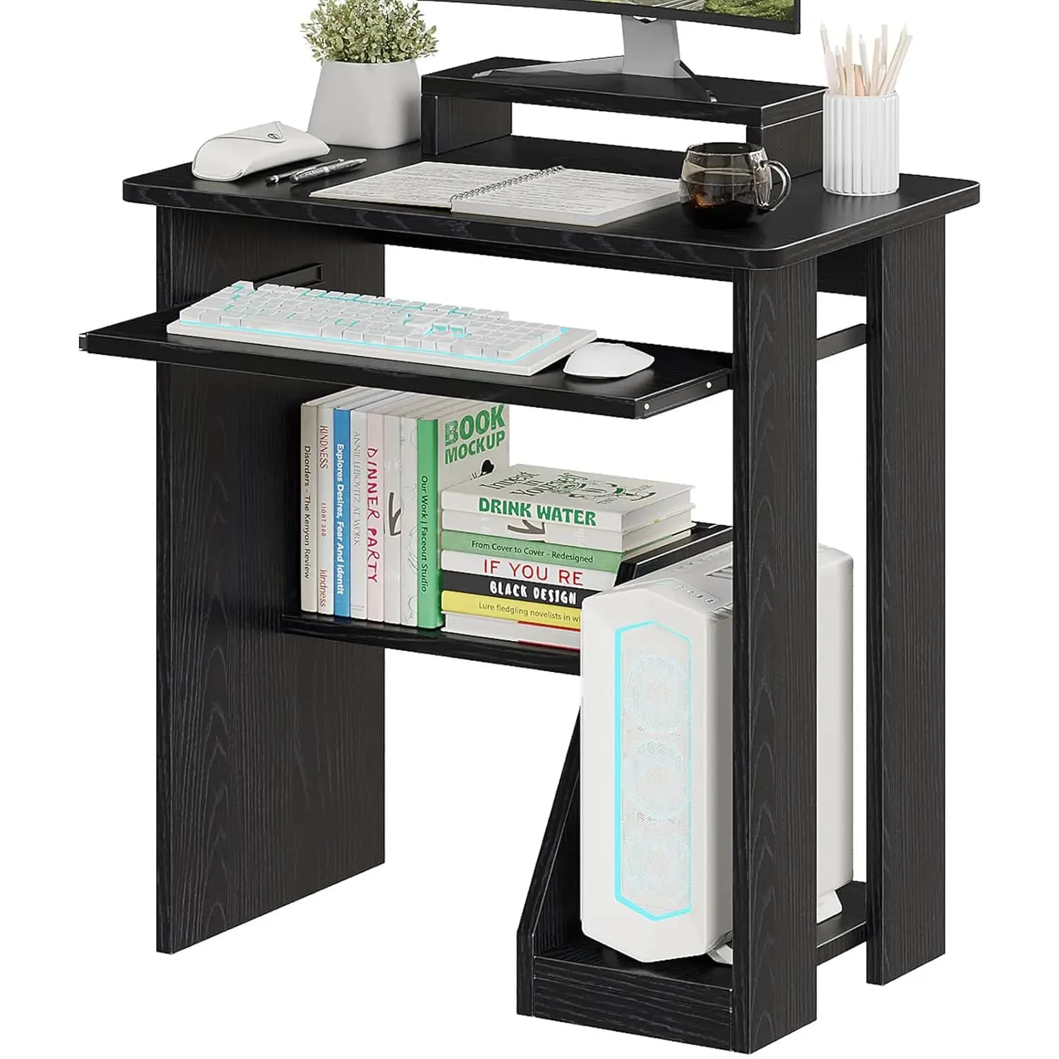Scrivania per Computer da 30 Pollici con Vassoio per Tastiera e Supporto per Monitor, Scrivania per Studio con Ripiani Portaoggetti, Moderna, Personalizzabile