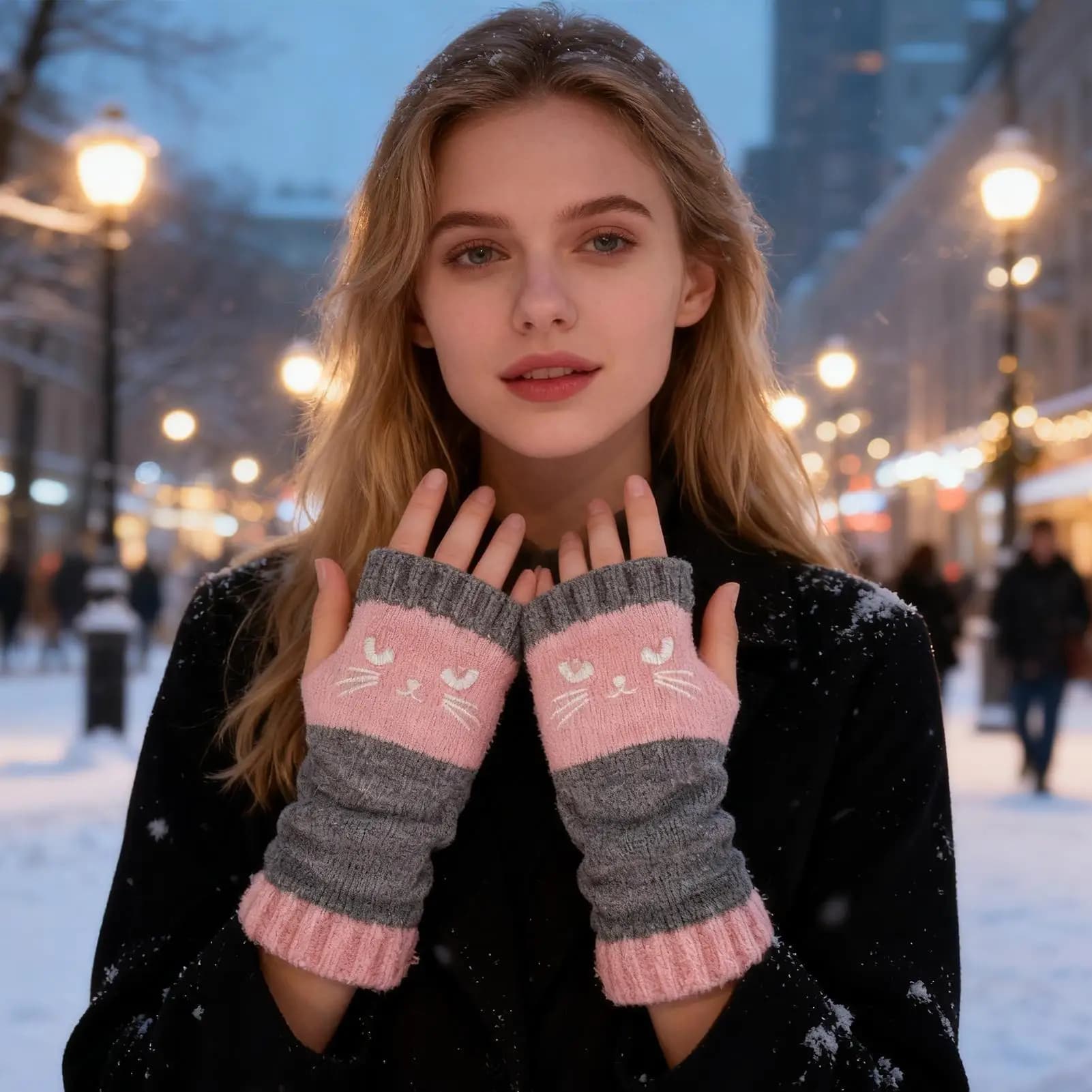 Guanti lavorati a maglia con ricamo gatto senza dita, guanti caldi invernali, guanti da donna casual alla moda Regali di Capodanno