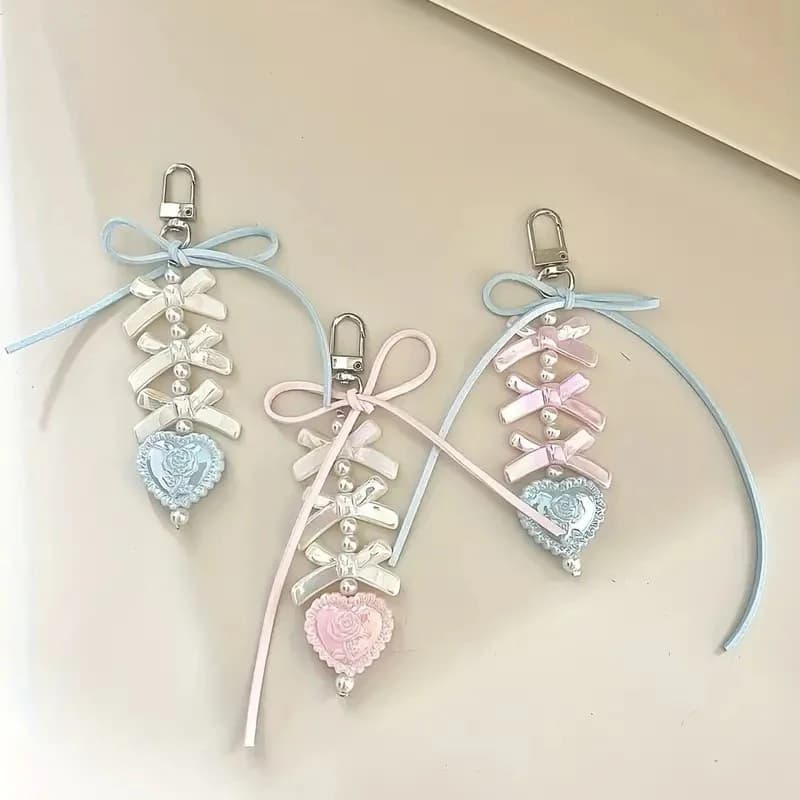 Sweet Heart Shape Pendant Keychain Bow Ribbon Beaded Key Chain For Women Phone Lanyard Backpack Decoration Accessories Gifts