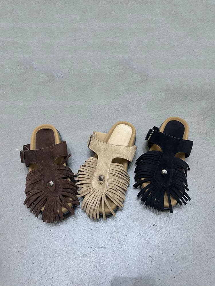 Birkuir Retro Tassel Buckle Slippers For Women Genuine Leather Flat Heel Slides Open Toe Sandals 2026 Round Toe Beach Sandals