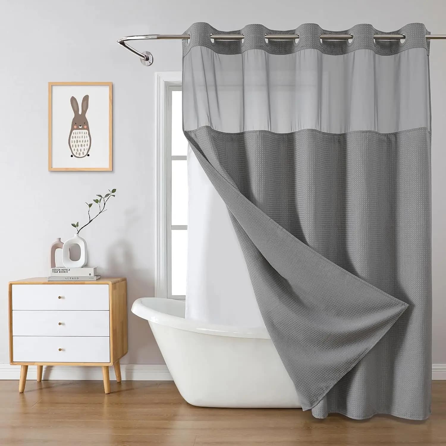 Tenda da Doccia Grigia a Nido d'Ape con Fodera a Incastro, Tessuto Impermeabile per Bagno, 71Lx74A