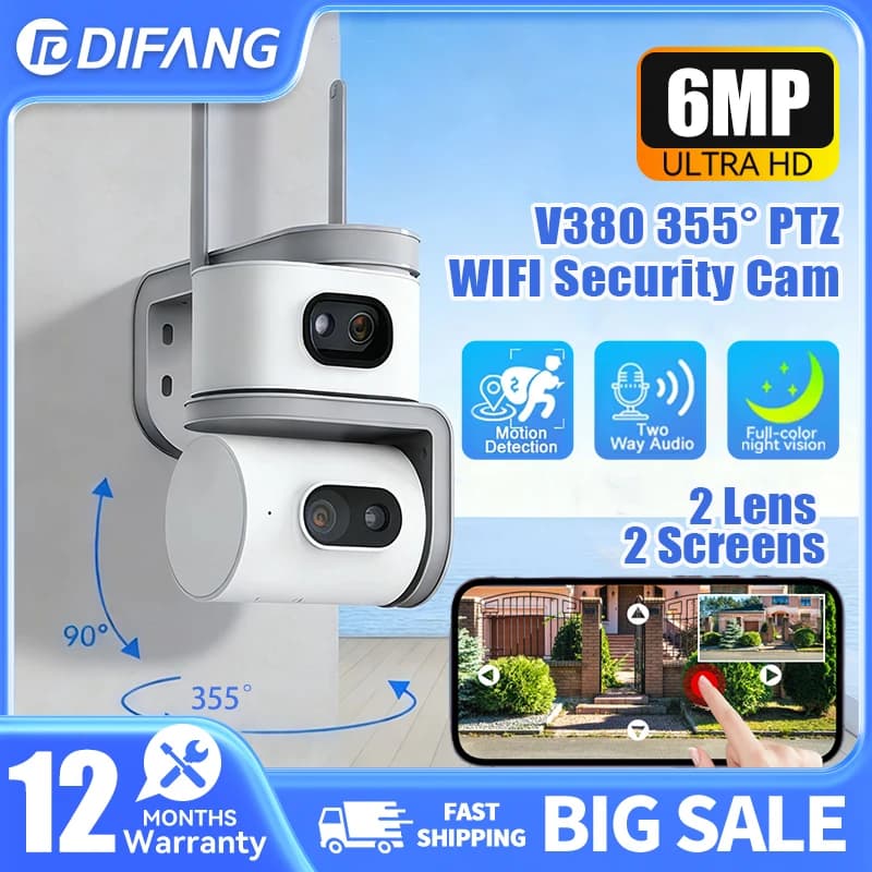 Telecamera di Sicurezza DIFANG 6MP V380 WIFI per Interni/Esterni, 2 Lenti, 2 Schermi, PTZ, Tracciamento Automatico, Visione Notturna a Colori, Registrazione 24/7, CCTV