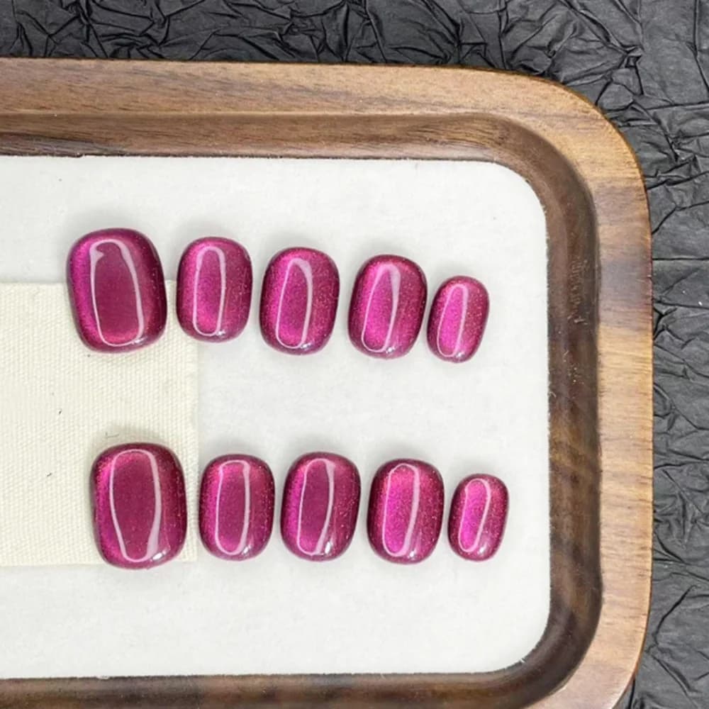 10 hand-made summer wearable pieces print on nails set purple cat eye short round nail tips simple plain color nail art