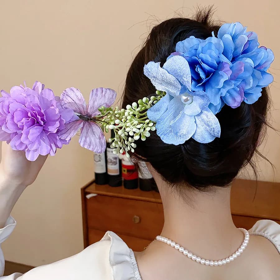 Blue Floral Hair Clips Purple Sweets for Women Girls Brides, Butterfly Stops in Wedding Fabric Holiday Appointments, Hair Accessories M