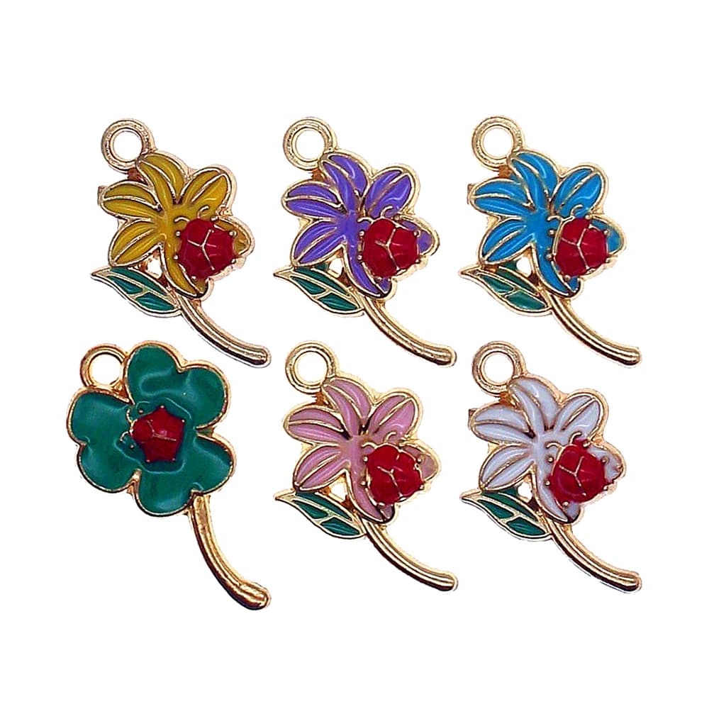 10psc/lot Cute Flower Lucky Grass Enamel Ladybug Charms Pendant for DIY Bracelet Making Earring Jewelry Accessories XL1727