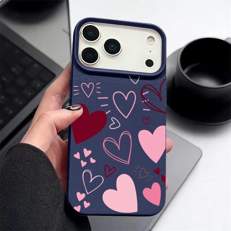 Love Heart Printed Silicone Phone Case For iPhone 17e 18 17 Pro Max 16 15 14 13 Pro Max 16e Leather Texture Soft TPU Back Cover